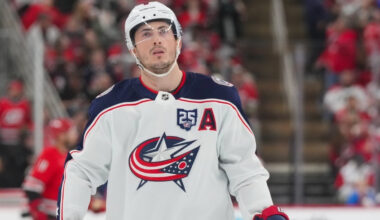 Dec 9, 2025; Raleigh, North Carolina, USA; Columbus Blue Jackets defenseman Zach Werenski (8) looks up against the Carolina Hurricanes during the second period at Lenovo Center.