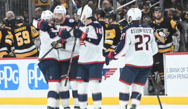 Jan 17, 2026; Pittsburgh, Pennsylvania, USA; Columbus Blue Jackets right wing Charlie Coyle (3) celebrates his shoot out goal with defenseman Erik Gudbranson (44) and Brendan Gaunce (16) and left wing Zach Aston-Reese after scoring on Pittsburgh Penguins goalie Arturs Silovs (37) in a shoot out at PPG Paints Arena. Columbus won 4-3.