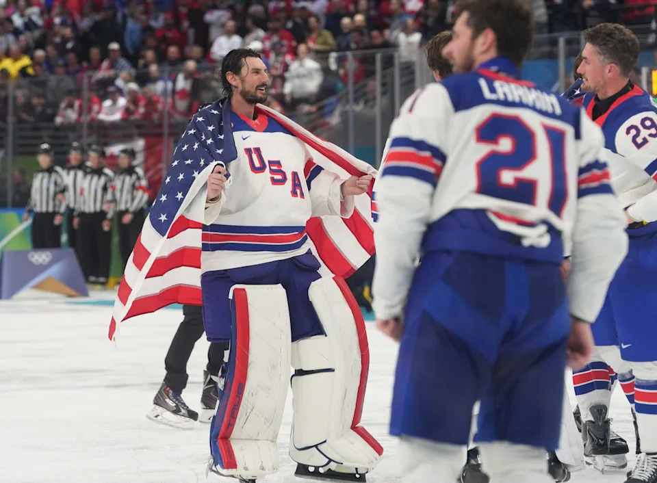 Connor Hellebuyck (37) of the United States celebrates after defeating Canada in the men's ice hockey gold medal game during the Milano Cortina 2026 Olympic Winter Games at Milano Santagiulia Ice Hockey Arena in Milan on Sunday, Feb. 22, 2026.