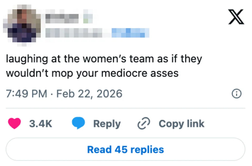 Social media post by user "@brknblues" mocking underestimators of a women's sports team abilities