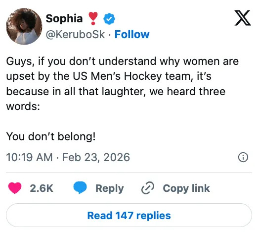Tweet by Sophia about gender inclusivity and the US Men's Hockey team, highlighting feelings of exclusion with the phrase "You don’t belong!"