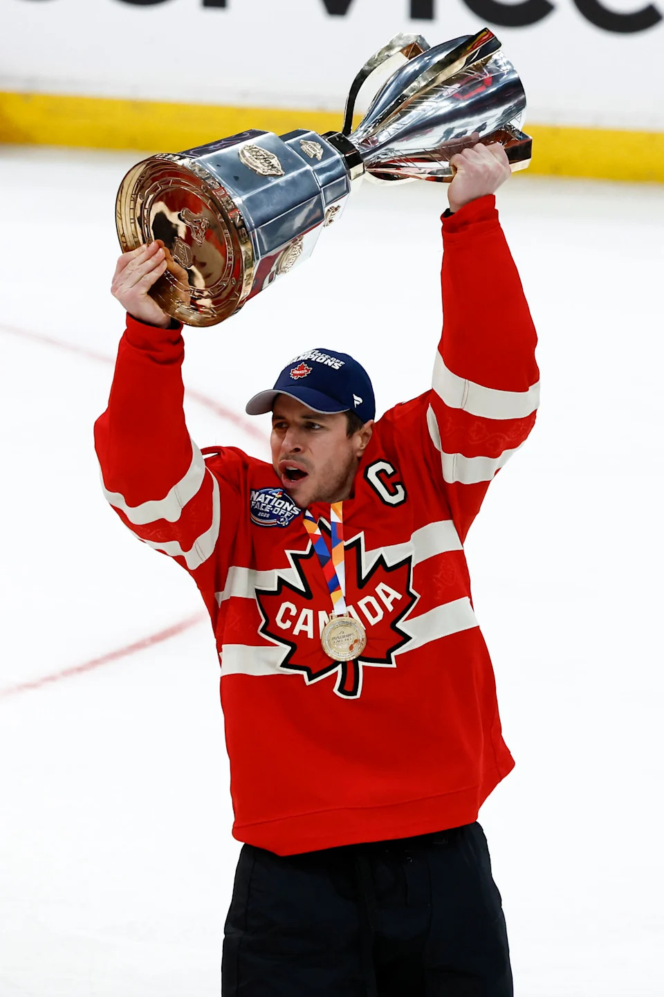 <p>Feb 20, 2025; Boston, MA, USA; [Imagn Images direct customers only] Team Canada forward Sydney Crosby (87) lifts the trophy after defeating the United States during the 4 Nations Face-Off ice hockey championship game at TD Garden. Mandatory Credit: Winslow Townson-Imagn Images</p>