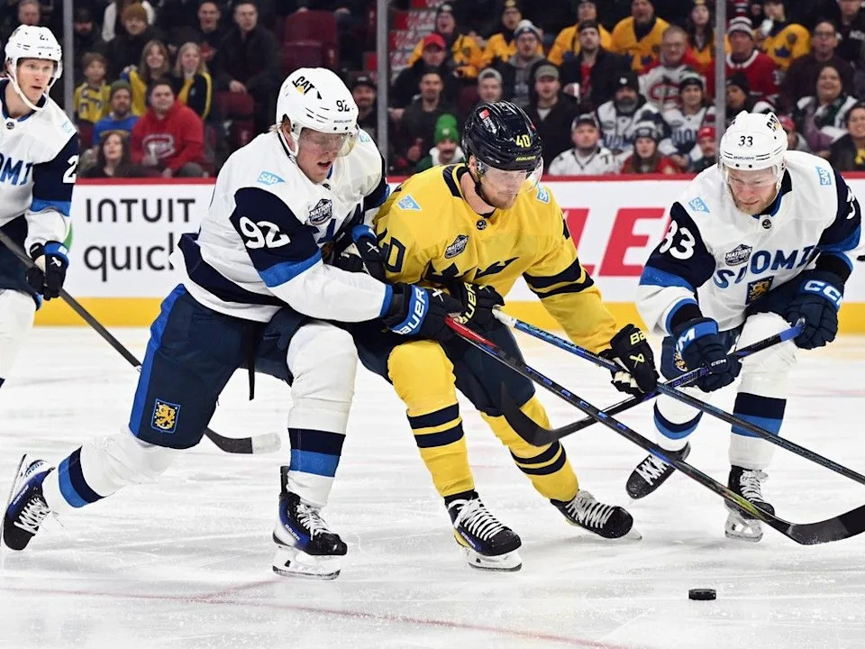  Nikolas Matinpalo, right, was part of Finland’s team at the 4 Nations Face-Off last year. He called it ‘a very good experience’ in preparation for the 2026 Olympics.