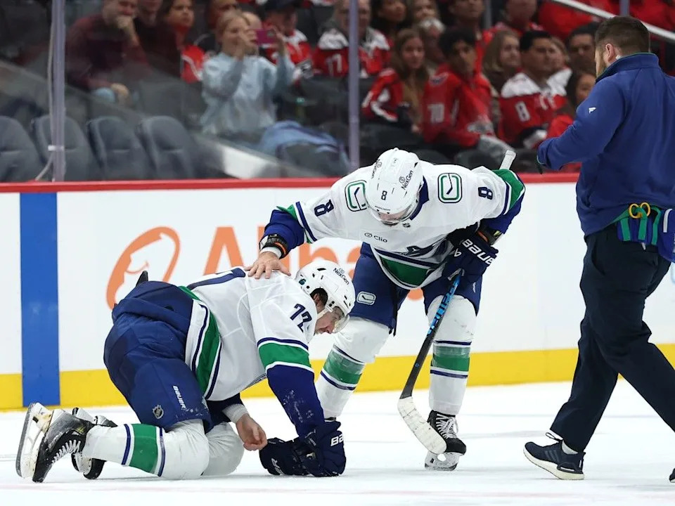  Canucks centre Filip Chytil struggles to regain balance after heavy blindside hit from Tom Wilson of the Capitals on Oct. 19 in Washington, D.C.