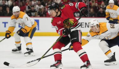 Chicago Blackhawks center Connor Bedard handles the puck during the first period of an NHL hockey game against the Nashville Predators, Friday, Oct. 25, 2024, in Chicago. (AP Photo/Erin Hooley)