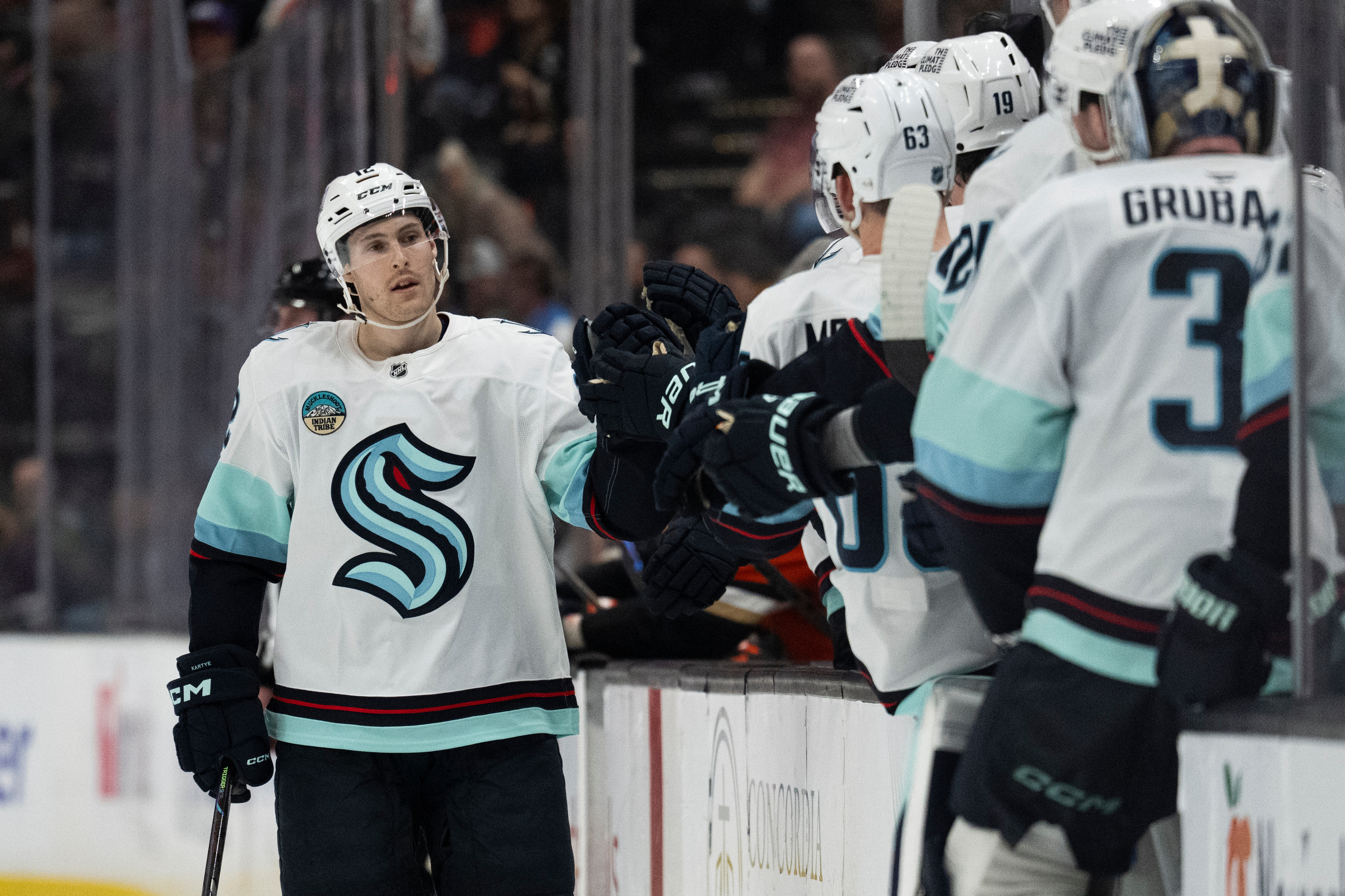 Seattle Kraken left wing Tye Kartye (12) celebrates his goal...