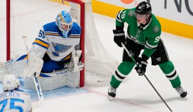 Dallas Stars center Matt Duchene (95) controls the puck on an attack as St. Louis Blues' Tyler Tucker (75) and goaltender Jordan Binnington (50) defend the net in the second period of an NHL hockey game Wednesday, Feb. 4, 2026, in Dallas. (AP Photo/Tony Gutierrez)
