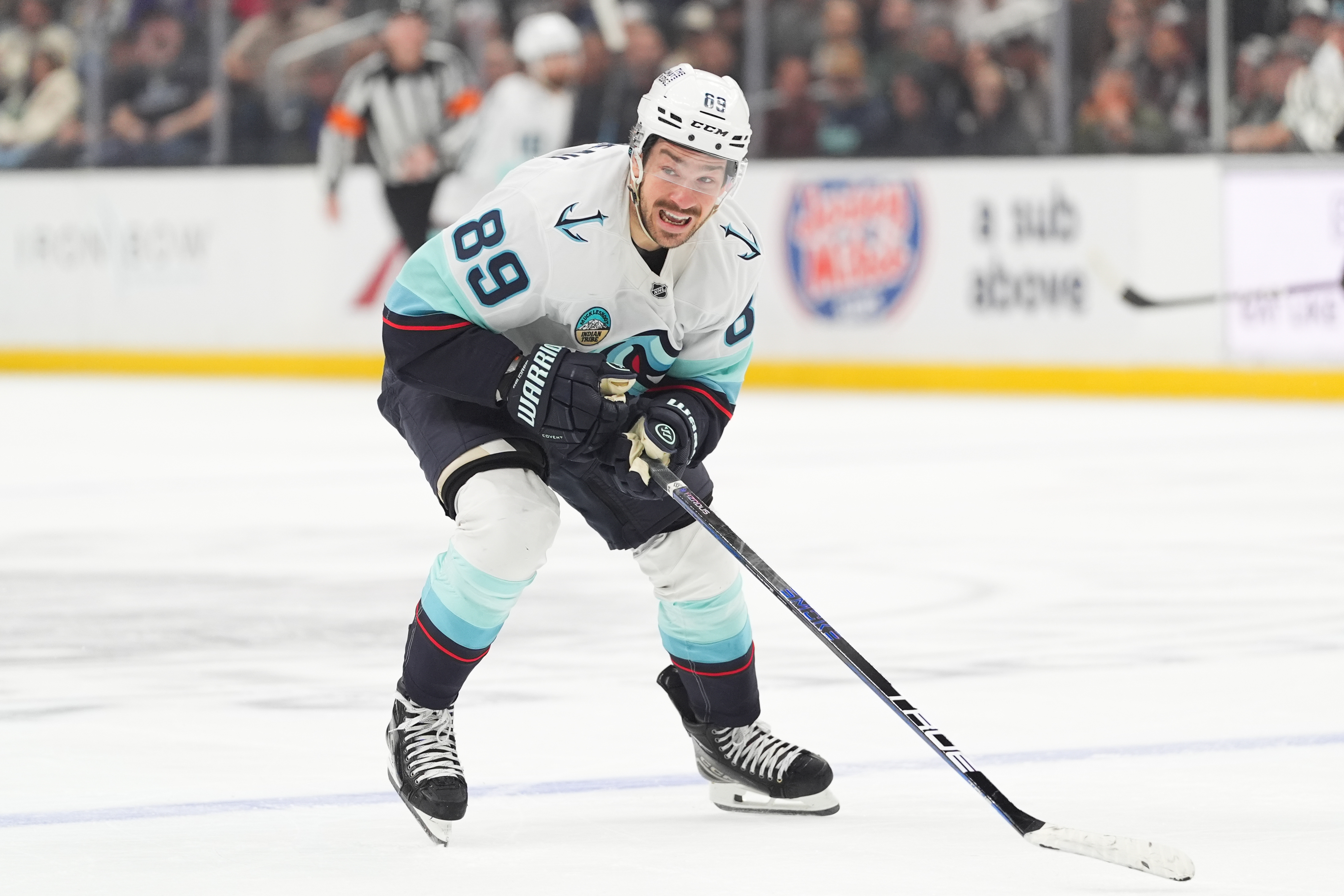 Seattle Kraken center Frederick Gaudreau chases the puck during the...