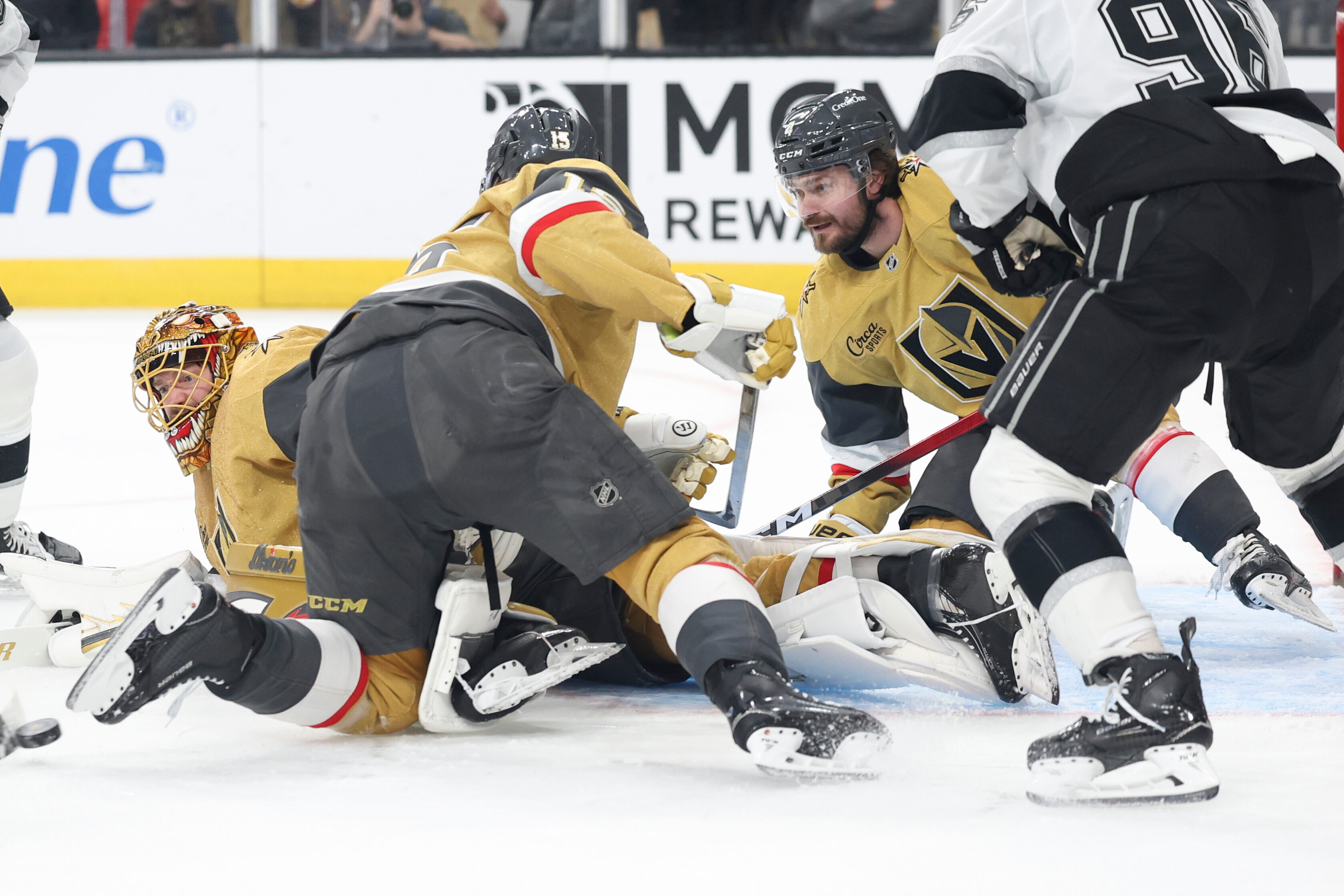 Vegas Golden Knights goaltender Adin Hill and defenseman Rasmus Andersson...
