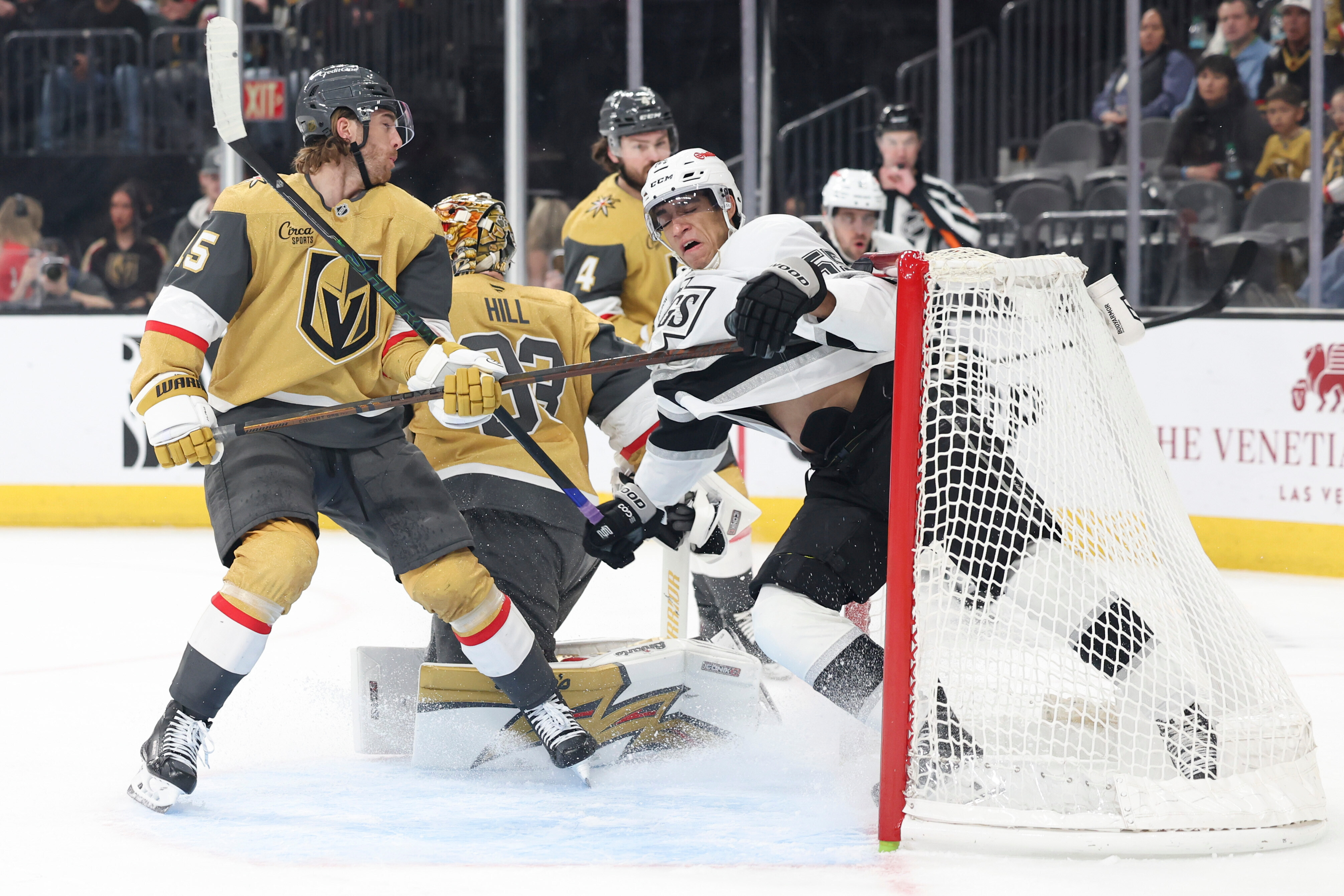 Vegas Golden Knights defenseman Noah Hanifin (15) watches as Kings...