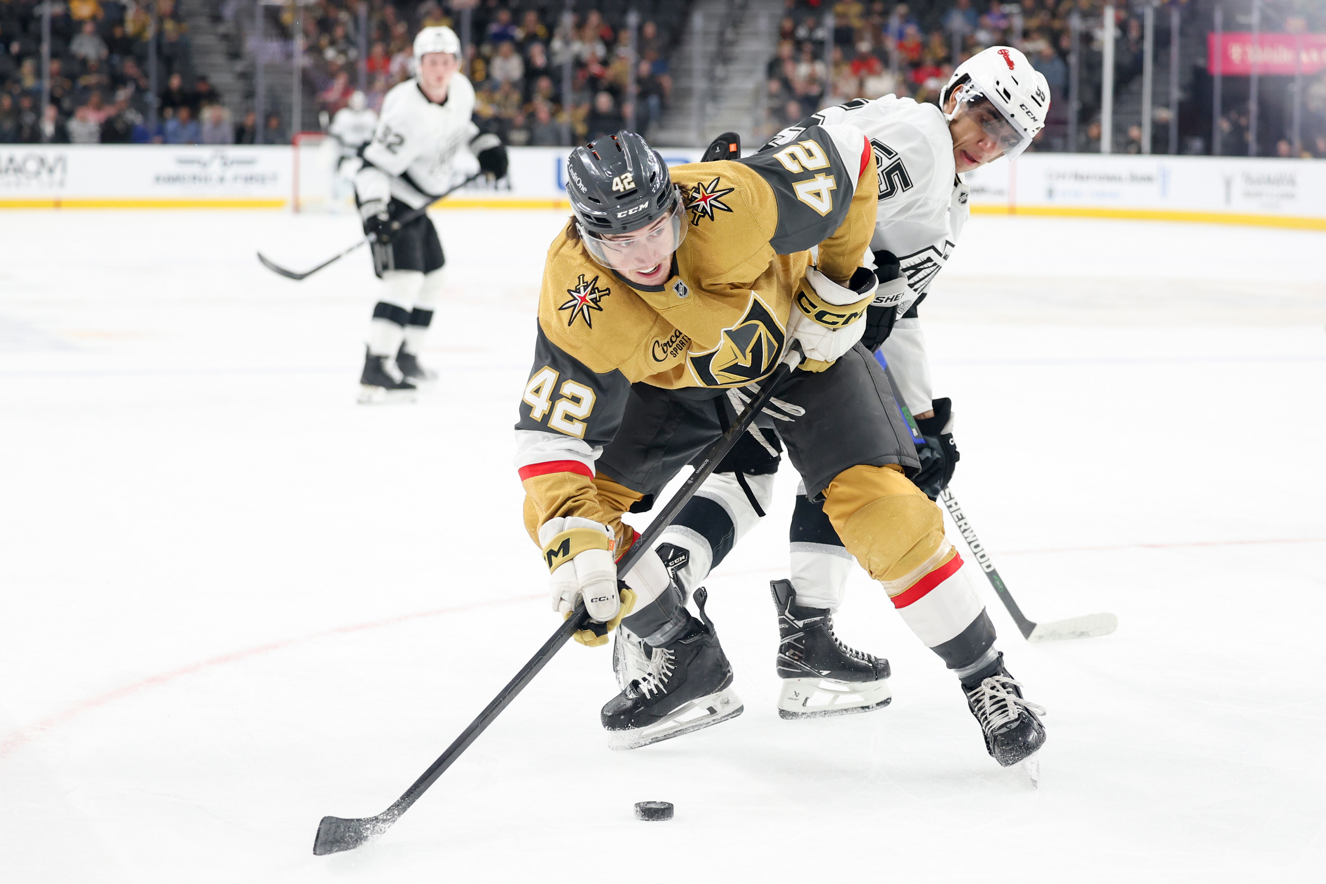 Vegas Golden Knights right wing Braeden Bowman (42) skates against...