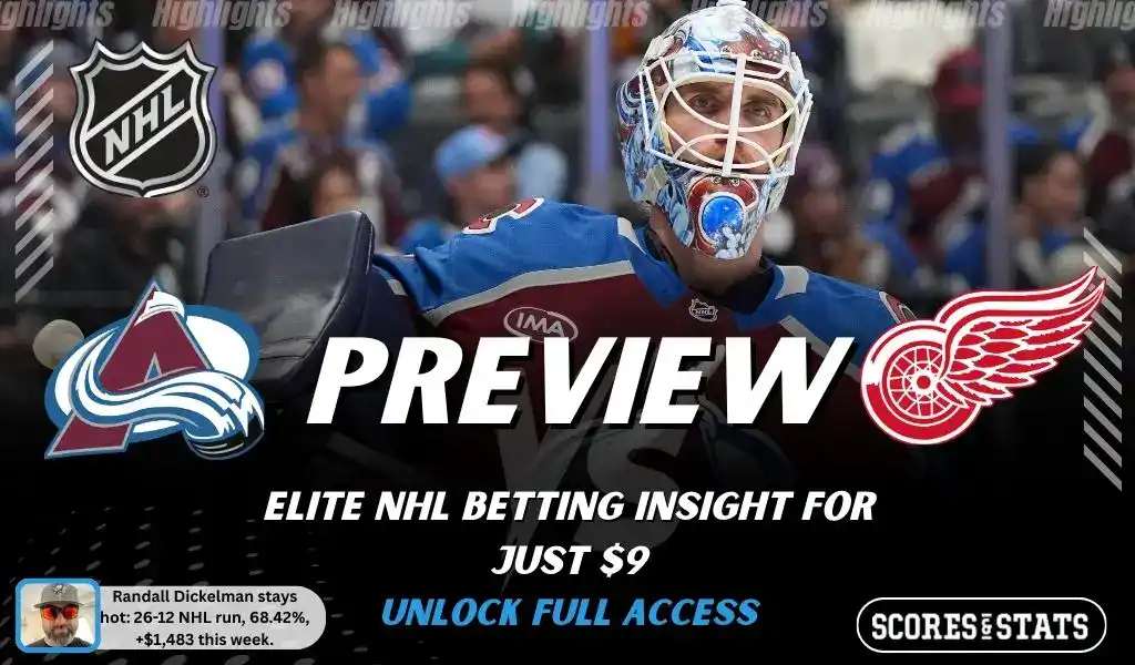 Colorado Avalanche vs Detroit Red Wings preview graphic with both team logos, “Picks and Predictions” label, and Colorado Avalanche hockey action background (February 2, 2026).