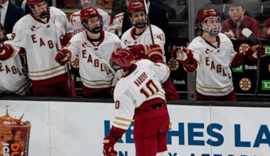 Boston College (Bruins prospect) James Hagens celebrates a goal at Beanpot (Photo Courtesy of Boston College Eagles on Facebook)