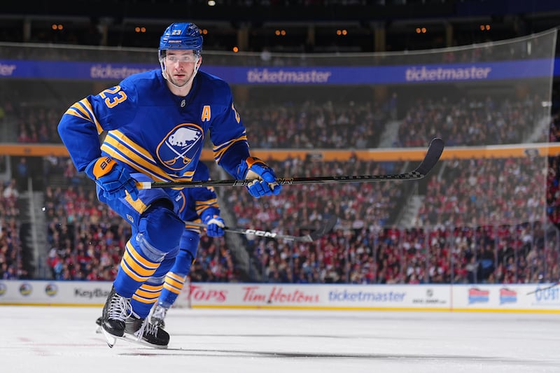 BUFFALO, NEW YORK - JANUARY 31: Mattias Samuelsson #23 of the Buffalo Sabres skates across the ice during the second period of an NHL game against the Montréal Canadiens on January 31, 2026 at KeyBank Center in Buffalo, New York. (Photo by Ben Ludeman/NHLI via Getty Images)