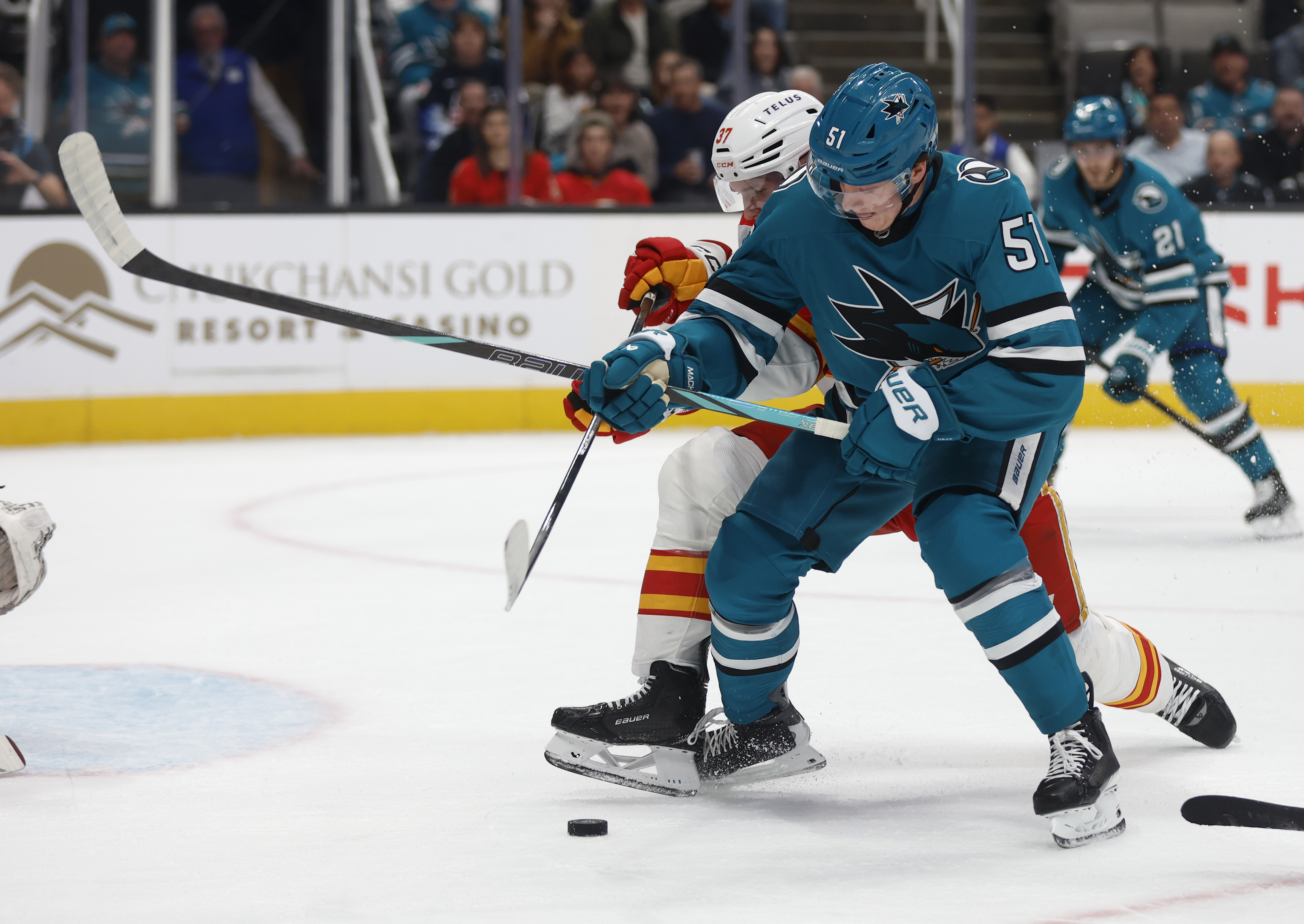 San Jose Sharks' Collin Graf (51) fights for the puck...