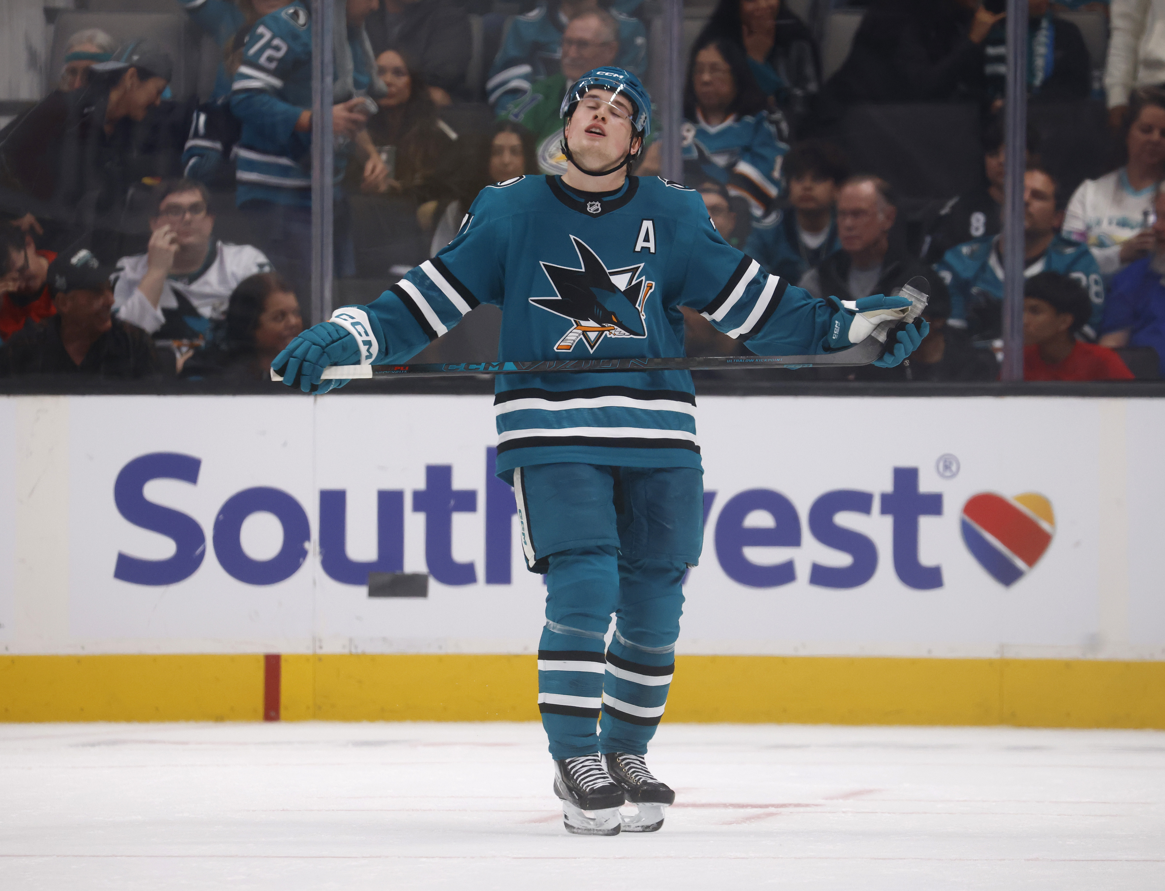 San Jose Sharks' Macklin Celebrini (71) reacts to an empty...