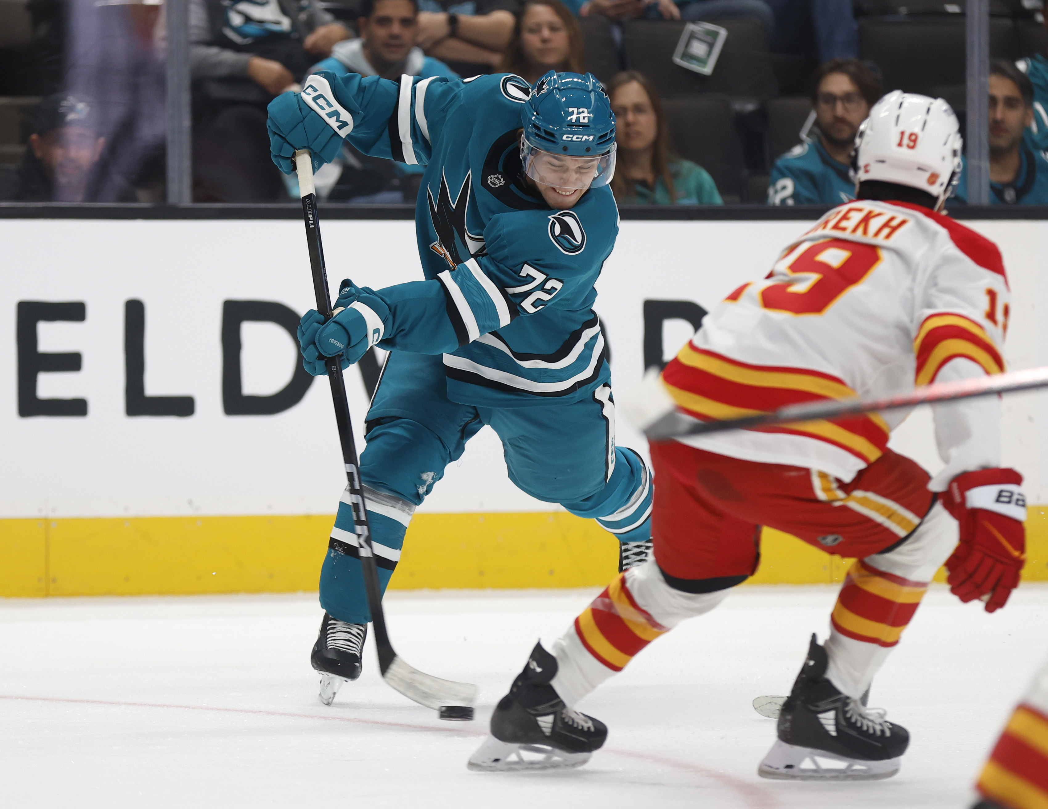 San Jose Sharks' William Eklund (72) takes a shot against...