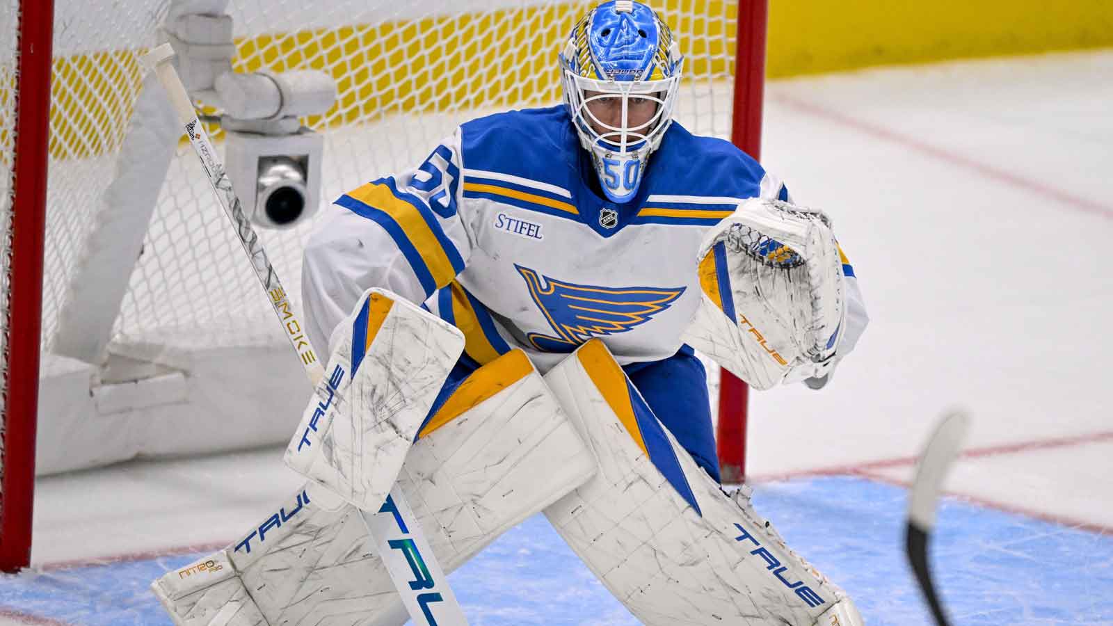 St. Louis Blues goaltender Jordan Binnington (50) faces the Dallas Stars attack during the third period at the American Airlines Center.