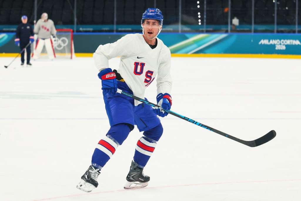 Former Islander Brock Nelson, now a member of the Avalanche, skates during a Team USA practice on Feb. 9, 2026.
