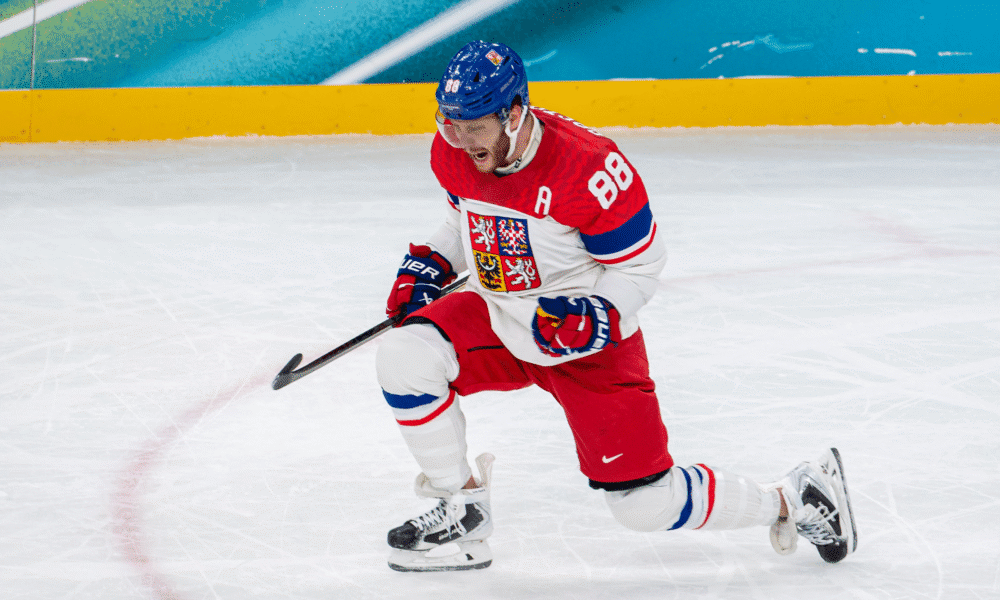 Czechia forward David Pastrnak (Bruins) celebrates a goal he scored for Czechia (photo Bruins X)