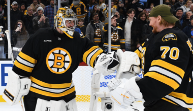 Jeremy Swayman and Joonas Korpisalo celebrate a win at the TD Garden (Boston Bruins via X)