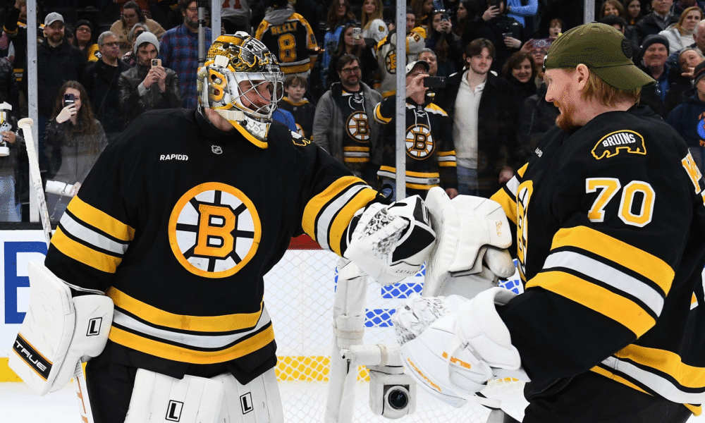 Jeremy Swayman and Joonas Korpisalo celebrate a win at the TD Garden (Boston Bruins via X)