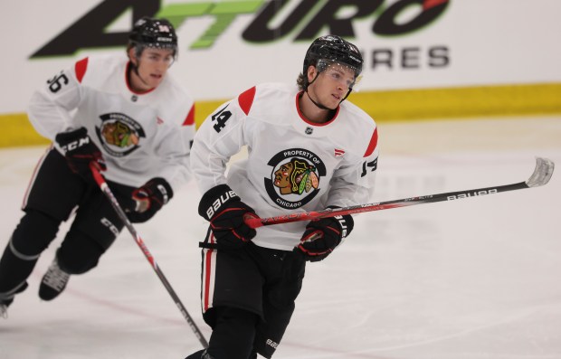 Defenseman Kevin Korchinski (14) practices Thursday, Sept. 18, 2025, as the Chicago Blackhawks begin training camp at Fifth Third Arena. (Brian Cassella/Chicago Tribune)