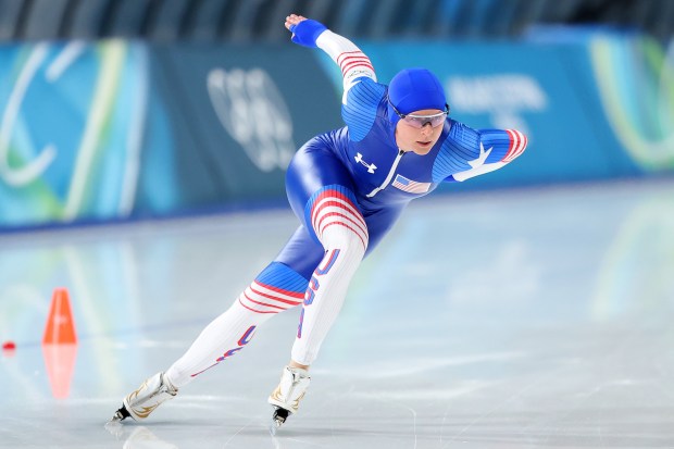 Brittany Bowe of Team United States competes during the 1,000-meter race at Milano Speed Skating Stadium on Feb. 9, 2026, in Milan, Italy. (Joosep Martinson/Getty Images/TNS)