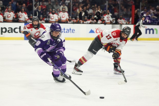 Minnesota Frost forward Kendall Coyne Schofield controls the puck in the third period against the Ottawa Charge during the PWHL Takeover Tour at Allstate Arena on Sunday, Dec. 21, 2025. (Eileen T. Meslar/Chicago Tribune)
