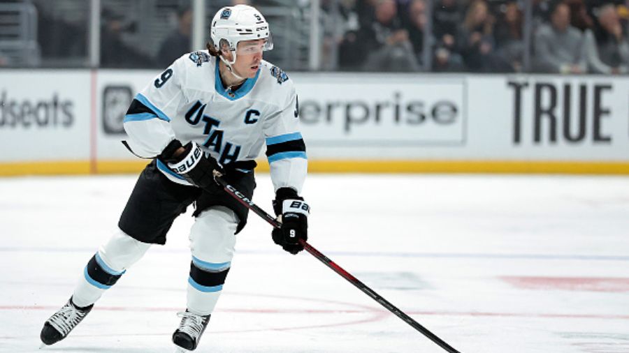 Clayton Keller #9 of the Utah Hockey Club...