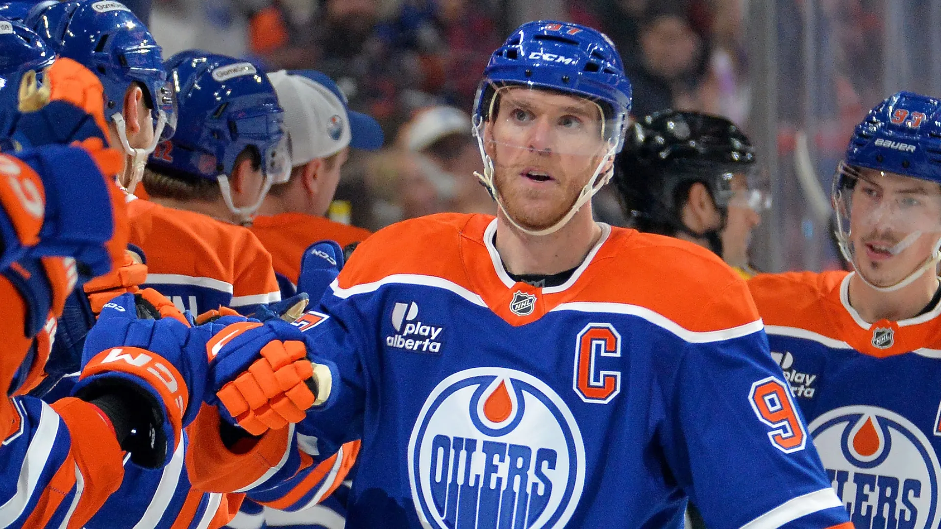 Connor McDavid of the Oilers celebrates a first-period goal in 2026 (Source: Leila Devlin/Getty Images)