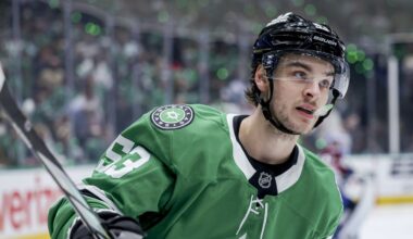 Dallas Stars center Wyatt Johnston skates after scoring during the first period of Game 5 of a first-round NHL hockey playoff series against the Colorado Avalanche in Dallas, Monday, April 28, 2025. (AP Photo/Gareth Patterson)
