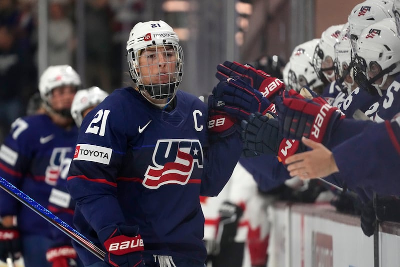 United States forward Hilary Knight (21) celebrates her goal against Canada during the first period of a rivalry series women's hockey game Wednesday, Nov. 8, 2023, in Tempe, Ariz.