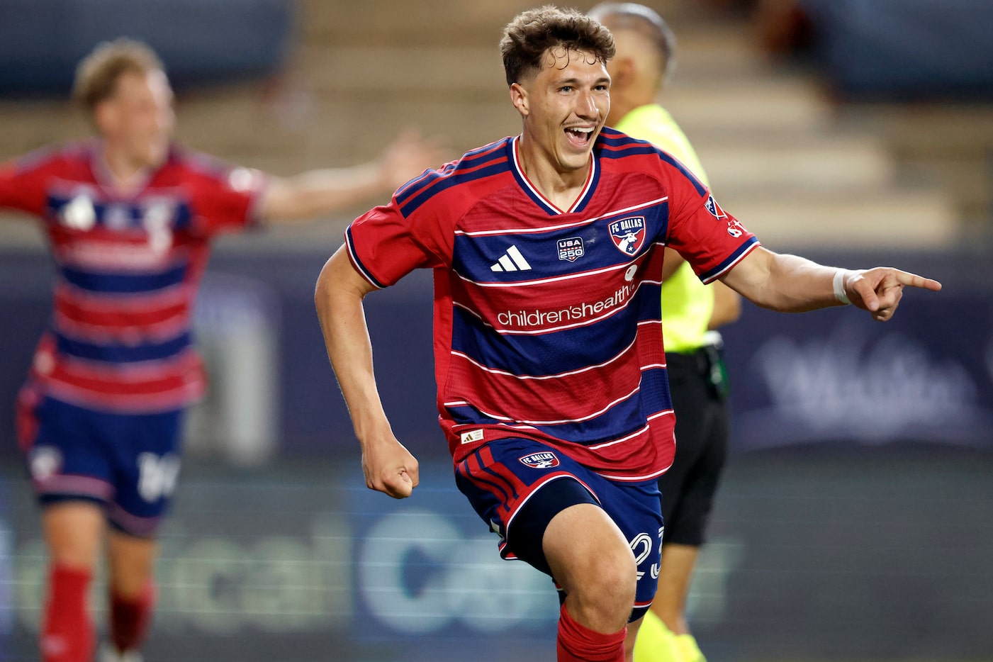 FC Dallas forward Logan Farrington (23) celebrates after scoring on a first half goal during...