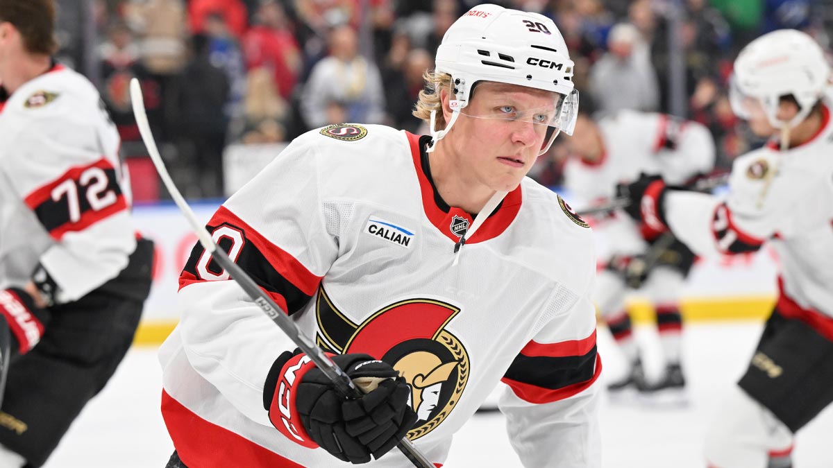 Ottawa Senators forward Fabian Zetterlund (20) warms up before playing the Toronto Maple Leafs at Scotiabank Arena.