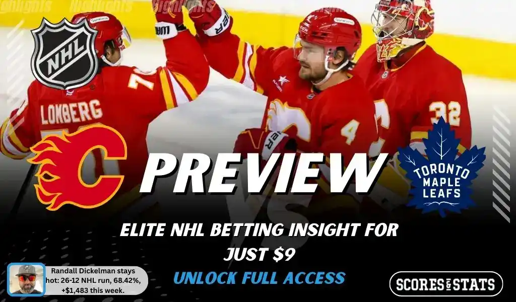 Calgary Flames vs Toronto Maple Leafs preview graphic with both team logos, “Picks and Predictions” label, and Calgary Flames hockey action background (February 2, 2026).