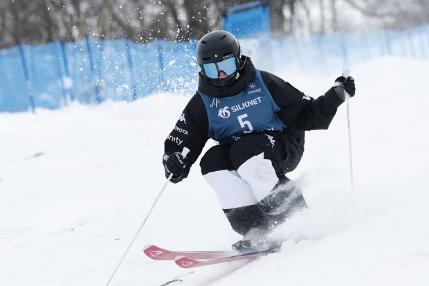 BAKURIANI, GEORGIA - FEBRUARY 25: Elizabeth Lemley competes during the FIS Freestyle World Ski Championships Men's and Women's Moguls on February 25, 2023 in Bakuriani, Georgia. (Photo by Alexis Boichard/Agence Zoom/Getty Images)