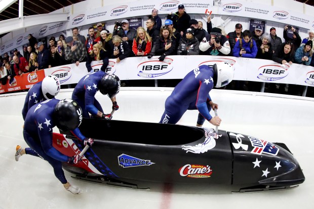 Frank Del Duca, Joshua Williamson, Boone Niederhofer and Hunter Powell of the United States compete in heat 3 of the 4-man-bobsleigh on day six of the 2025 IBSF World Championships at Mt Van Hoevenberg on March 15, 2025 in Lake Placid, New York. (Photo by Maddie Meyer, Getty Images)