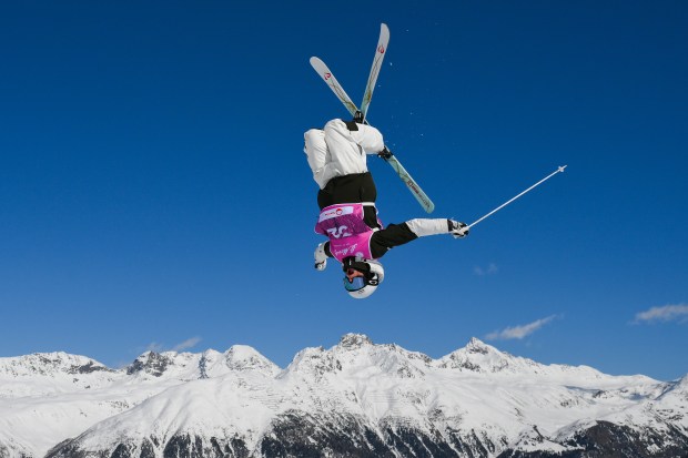 Jackson Harvey of Team Australia in action during the Men's Moguls Practice Session of the FIS Snowboard & Freestyle and Freeski World Championships 2025 on March 17, 2025 in Corviglia, St. Moritz, Switzerland. (Photo by David Ramos/Getty Images)