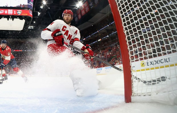 Jaccob Slavin #74 of the Carolina Hurricanes skates against the Florida Panthers in Game Three of the Eastern Conference Final of the 2025 Stanley Cup Playoffs at Amerant Bank Arena on May 24, 2025 in Sunrise, Florida. The Panthers defeated the Hurricanes 6-2. (Photo by Bruce Bennett/Getty Images)