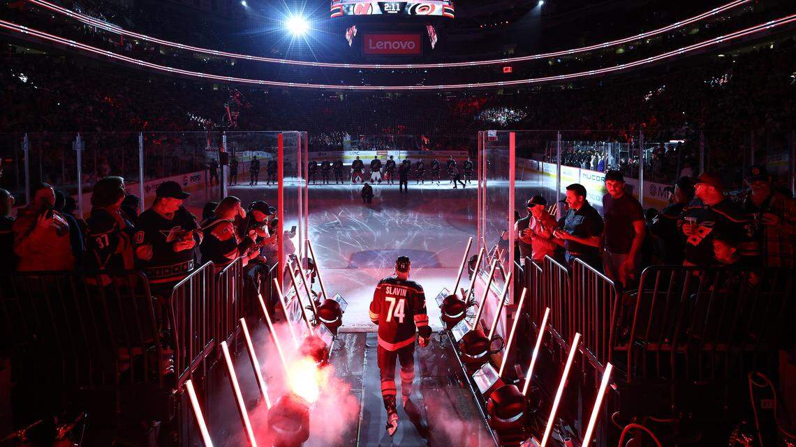 Jaccob Slavin of the Carolina Hurricanes is introduced prior to the game against the New Jersey Devils at Lenovo Center on Oct. 9, 2025 in Raleigh, North Carolina. Slavin is playing for the U.S. in the 2026 Winter Olympics.