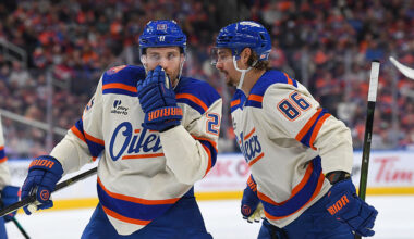 EDMONTON, CANADA - OCTOBER 28: Leon Draisaitl #29 and David Tomasek #86 of the Edmonton Oilers have a conversation during a stoppage in play in the second period of the game against the Utah Mammoth at Rogers Place on October 28, 2025, in Edmonton, Alberta, Canada. (Photo by Andy Devlin/NHLI via Getty Images)