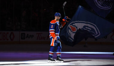 EDMONTON, CANADA - JANUARY 29: Evan Bouchard #2 of the Edmonton Oilers salutes the crowd following the game against the San Jose Sharks at Rogers Place on January 29, 2026, in Edmonton, Alberta, Canada. (Photo by Leila Devlin/Getty Images)