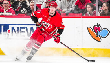 RALEIGH, NORTH CAROLINA - FEBRUARY 01: Andrei Svechnikov #37 of the Carolina Hurricanes skates during the second period against the Los Angeles Kings at Lenovo Center on February 01, 2026 in Raleigh, North Carolina. (Photo by Cato Cataldo/NHLI via Getty Images)
