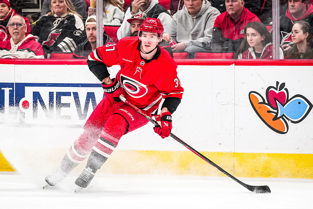 RALEIGH, NORTH CAROLINA - FEBRUARY 01: Andrei Svechnikov #37 of the Carolina Hurricanes skates during the second period against the Los Angeles Kings at Lenovo Center on February 01, 2026 in Raleigh, North Carolina. (Photo by Cato Cataldo/NHLI via Getty Images)