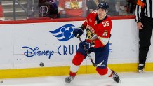 SUNRISE, FL - FEBRUARY 02 : Florida Panthers left wing Sandis Vilmanis (95) passes the puck in the first period during a NHL game between the Buffalo Sabres and the Florida Panthers on February 2, 2026 at Amerant Bank Arena in Sunrise, FL.(Photo by Chris Arjoon/Icon Sportswire via Getty Images)