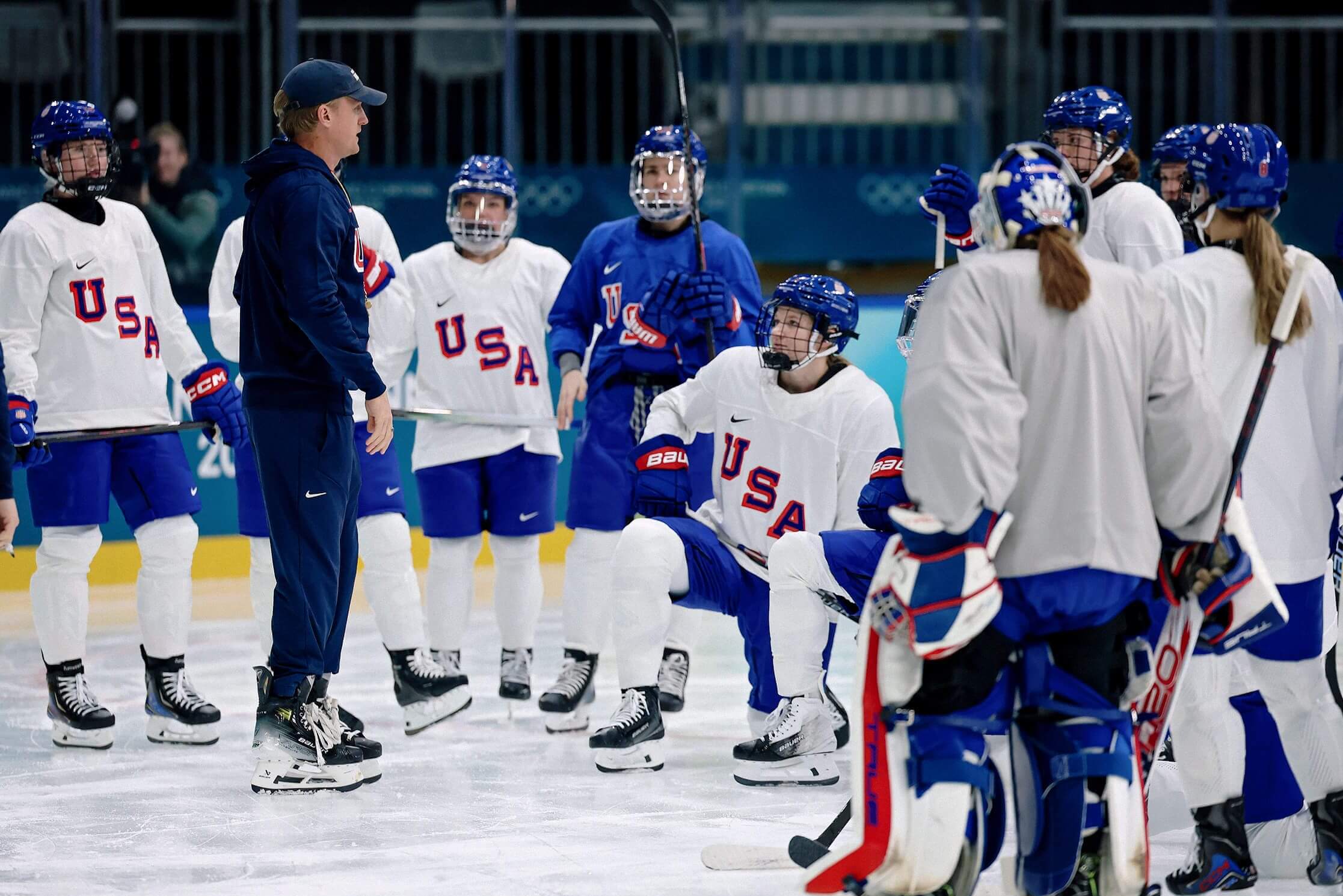 Team USA women's coach John Wroblewski talks to his team.