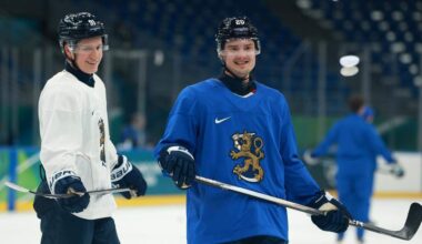 Sebastian Aho, right, of the Carolina Hurricanes and Team Finland, chats with Oliver Kapanen during training at the Milano Cortina 2026 Winter Olympics at Milano Santagiulia Ice Hockey Arena on Feb. 9, 2026 in Milan, Italy.