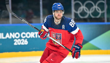 MILAN, ITALY - FEBRUARY 12: David Pastrnak of Czechia in action during the Men's Preliminary Group A match between Czechia and Canada on day six of the Milano Cortina 2026 Winter Olympic games at Milano Santagiulia Ice Hockey Arena on February 12, 2026 in Milan, Italy. (Photo by Andrea Branca/Eurasia Sport Images/Getty Images)