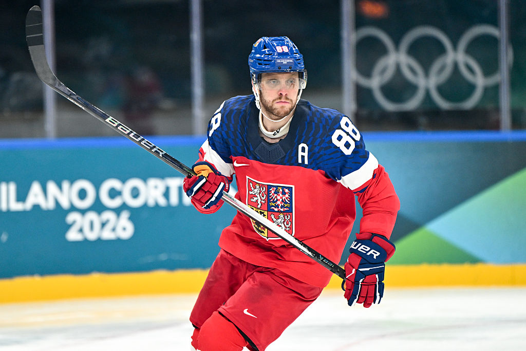 MILAN, ITALY - FEBRUARY 12: David Pastrnak of Czechia in action during the Men's Preliminary Group A match between Czechia and Canada on day six of the Milano Cortina 2026 Winter Olympic games at Milano Santagiulia Ice Hockey Arena on February 12, 2026 in Milan, Italy. (Photo by Andrea Branca/Eurasia Sport Images/Getty Images)